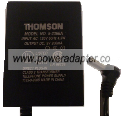 THOMSON 5-2366A AC ADAPTER 9VDC 200mA USED 2 x 5.5 x 13mm